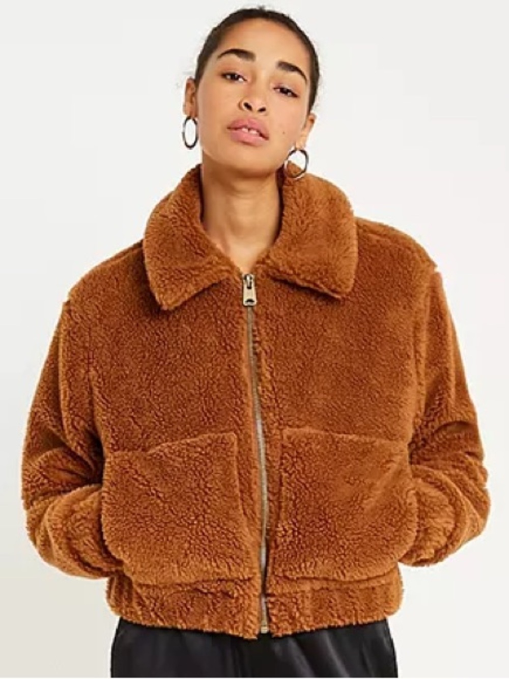 Urban Outfitters Brown Teddy Fuzzy Cropped Zip Up Jacket Coat